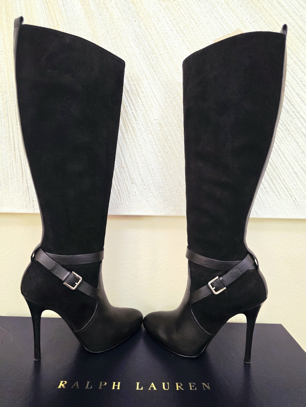 Ralph Lauren Black Leather & Suede Knee-High Stiletto Buckle Boots - Size US 8.5 - Picture 7 of 15